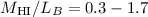 $M_{\rm HI}/L_{B}=0.3-1.7$