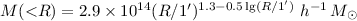 ${M}({<}R)=2.9\times 10^{14}(R/1')^{1.3-0.5\lg (R/1')}~h^{-1}\,{M}_{\odot}$