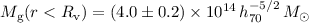 $M_{\rm g}(r<R_{\rm v})= (4.0\pm 0.2)\times 10^{14}\, h_{70}^{-5/2}\,{M}_\odot$