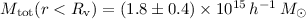 $M_{\rm tot}(r<R_{\rm v})=(1.8 \pm 0.4)\times 10^{15}\, h^{-1}\,{M}_\odot$