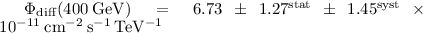 ${\Phi}_{\rm diff}({400\:{\rm GeV}})=6.73\pm1.27^{\rm stat}\pm1.45^{\rm syst}\times10^{-11}\:{\rm cm^{-2}\:s^{-1}\,TeV^{-1}}$