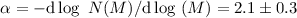 $\alpha = -{\rm d} \log~ N(M) /{\rm d} \log~(M) = 2.1 \pm 0.3 $