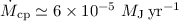 $ \dot{M}_{\rm cp} \simeq 6\times10^{-5}~M_{\rm J}\,{\rm yr}^{-1}$