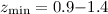 $z_{\rm min}=0.9{-}1.4$