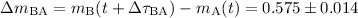 $\Delta m_{\rm BA} = m_{\rm B}(t + \Delta \tau_{\rm BA}) - m_{\rm A}(t) = 0.575 \pm 0.014$