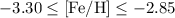 $\rm -3.30 \le [Fe/H] \le -2.85$