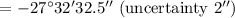 $=-27\degr32\arcmin32.5\arcsec\ (\mathrm{uncertainty}\ 2\arcsec)$