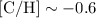$\mathrm{[C/H]} \sim -0.6$
