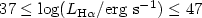 $37\le \log (L_{\mathrm{H}\alpha} /\mathrm{erg}~\mathrm{s}^{-1})\le 47$