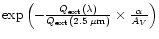 ${\rm exp}\left(-\frac{Q_{\rm ext}(\lambda)}{Q_{\rm ext}
(2.5\,{\rm\mu m})}\times\frac{\alpha}{A_V}\right)$