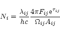 \begin{displaymath}N_i=\displaystyle{\frac{\lambda_{ij}}{hc}
\frac{4\pi F_{ij} {\rm e}^{\tau_{ij}}}{\Omega_{ij}A_{ij}}}\end{displaymath}