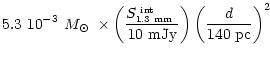 $\displaystyle 5.3~10^{-3}\ \mbox{$M_\odot$ }\times
\left(\frac {\mbox{$S_{\mbox...
...\tiny ~int}}$ }}{\mbox{10~mJy}}\right)
\left(\frac {d}{\mbox{140~pc}} \right)^2$