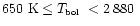 $650\ \mbox{K}\le \mbox{$T_{\mbox{\tiny bol}}$ }< 2\,880\ $
