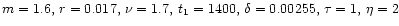 $m=1.6,\,r=0.017,\,\nu =1.7,\,t_{1}=1400,\,\delta =0.00255,\,\tau =1,\, \eta =2$