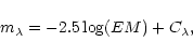 \begin{displaymath}m_{\lambda} = -2.5\log(EM) + C_{\lambda},
\end{displaymath}