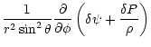 $\displaystyle \frac{1}{r^2 \sin^{2}\theta}
\frac{\partial}{\partial\phi}
\left( \delta\psi + \frac{\delta P}{\rho} \right)$