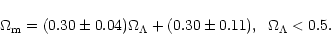 \begin{displaymath}\Omega_{{\rm m}}= (0.30\pm0.04)\Omega_\Lambda +(0.30\pm0.11),
\;\;\Omega_\Lambda < 0.5.
\end{displaymath}