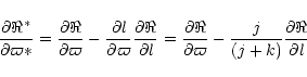 \begin{displaymath}{{\partial\Re^\ast}\over{\partial \varpi\ast}}=
{{\partial\Re...
...partial \varpi}}-{j\over(j+k)}{{\partial\Re}\over{\partial l}}
\end{displaymath}