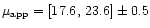 $\mu_{\rm app} = [17.6,\,23.6] \pm 0.5 $