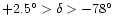 $+2.5^{\circ}>\delta> -78^{\circ}$