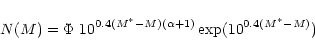 \begin{displaymath}N(M)=\Phi~10^{0.4(M^*-M)(\alpha+1)}\exp(10^{0.4(M^*-M)})\end{displaymath}