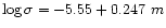 $\log
\sigma = -5.55 + 0.247 ~ m$