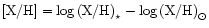${\rm [X/H]} = \log{\rm (X/H)}_{\star} -
\log{\rm (X/H)}_{\odot}$