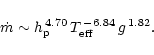 \begin{displaymath}\dot m \sim h_{\rm p}^{\, 4.70} \, T_{\rm eff}^{\,-6.84} \, g^{\, 1.82}.
\end{displaymath}