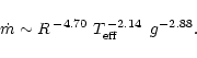 \begin{displaymath}\dot m \sim R^{\, -4.70} \; T_{\rm eff}^{\,-2.14} \;\, g^{-2.88}.
\end{displaymath}