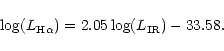 \begin{displaymath}
\log (L_{{\rm H}\alpha })=2.05\log (L_{\rm IR})-33.58 .
\end{displaymath}
