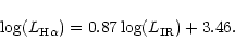 \begin{displaymath}
\log (L_{{\rm H}\alpha })=0.87\log (L_{\rm IR})+3.46 .
\end{displaymath}