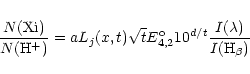 \begin{eqnarray*}{N({\rm Xi}) \over N({\rm H}^+)} = a L_j(x,t) \sqrt {t} E^{\rm o}_{4,2}
10^{d/t} {I(\lambda) \over I({\rm H}_\beta)}
\end{eqnarray*}
