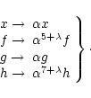 \begin{displaymath}%
\left.
\begin{array}{ll}
x \rightarrow & \alpha x \\
f \ri...
...h \rightarrow & \alpha^{7+\lambda} h
\end{array}\right\}\cdot
\end{displaymath}