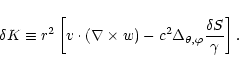 \begin{displaymath}\delta K\equiv r^2\left\lbrack v\cdot (\nabla\times w)
-c^2\Delta_{\theta,\varphi}{\delta S\over\gamma}\right\rbrack.
\end{displaymath}