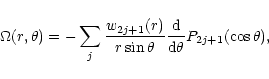 \begin{displaymath}\Omega(r,\theta)=
-\sum_j {w_{2j+1}(r)\over r\sin\theta}
{{\rm d}\over {\rm d}\theta}P_{2j+1}(\cos\theta),
\end{displaymath}