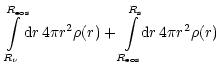 $\displaystyle \int\limits_{R_{\nu}}^{R_{\rm {eos}}}\!\!{\rm {d}}r\,4\pi r^2
\rho(r) + \int\limits_{R_{\rm {eos}}}^{R_{\rm {s}}}\!\!{\rm {d}}r\,
4\pi r^2\rho(r)$
