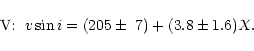 \begin{displaymath}\ {\rm V}\!\!:~v\sin{i}=(205\pm~7)+(3.8\pm1.6)X. \end{displaymath}