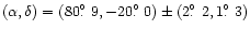 $(\alpha,\delta)=(80\hbox{$.\!\!^\circ$ }9,-20\hbox{$.\!\!^\circ$ }0) \pm (2\hbox{$.\!\!^\circ$ }2,1\hbox{$.\!\!^\circ$ }3)$