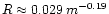 $R \approx 0.029 \,
m^{-0.19}$