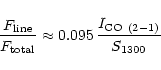 \begin{displaymath}\frac{F_{\rm line}}{F_{\rm total}}\approx 0.095 \,\frac{I_{\rm CO~(2-1)}}
{S_{\rm 1300}}
\end{displaymath}
