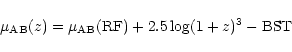 \begin{displaymath}\mu_{\rm AB} (z) = \mu_{\rm AB} ({\rm RF})+2.5 \log(1+z)^3-{\rm BST}
\end{displaymath}