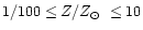 $1/100 \le Z/\mbox{$Z_{\odot}$ }\le 10$