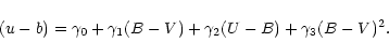 \begin{displaymath}%
(u-b) = \gamma_{0} + \gamma_{1} (B-V) + \gamma_{2} (U-B) + \gamma_{3}
(B-V)^{2}.
\end{displaymath}