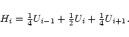 \begin{displaymath}H_{i} ={\textstyle\frac{1}{4} U_{i-1}} + {\textstyle\frac{1}{2}} U_{i} + {\textstyle\frac{1}{4}} U_{i+1}.
\end{displaymath}