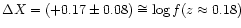 $\Delta X=(+0.17\pm 0.08)\cong\log f(z\approx
0.18)$