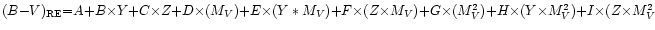 $(B{-}V)_{\rm RE} {=} A {+} B{\times} Y {+} C{\times} Z {+} D{\times} (M_V) {+} ...
...} G{\times}(M_V^2) {+} H{\times}(Y{\times} M_V^2) {+} I{\times}(Z{\times} M_V^2$