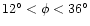 $12^{\circ} < \phi < 36^{\circ}$