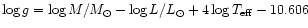 $\log g = \log M/M_{\odot} - \log
L/L_{\odot} + 4 \log T_{\rm eff} - 10.606$