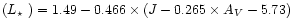 $(\mbox{$L_\star$ }) = 1.49-0.466 \times (J-0.265 \times A_V-5.73)$