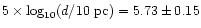 $5\times\log_{10}(d/10~\rm pc) = 5.73\pm0.15$